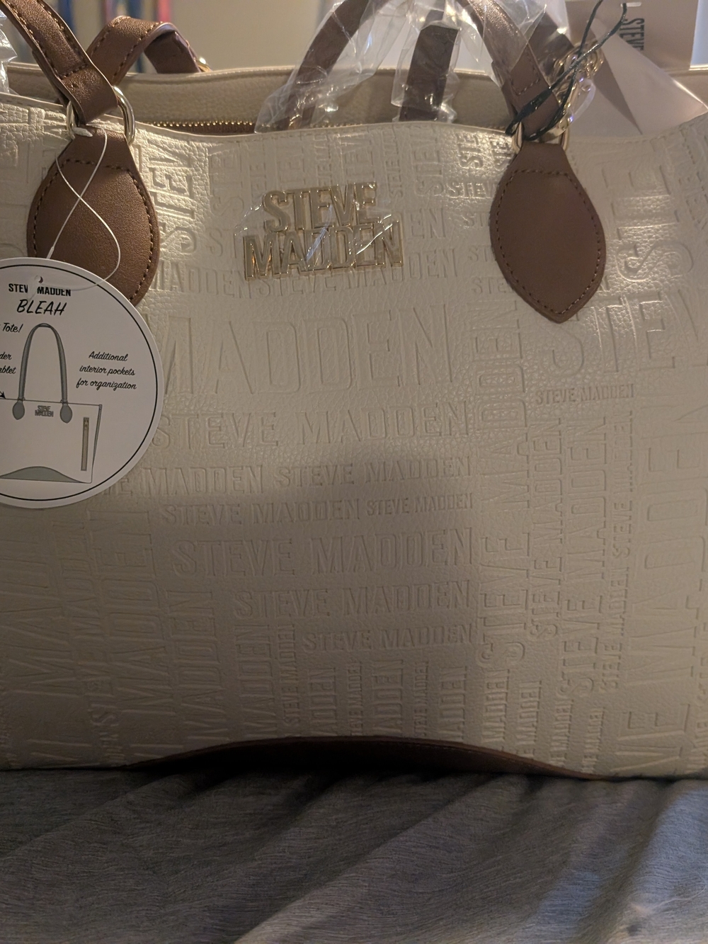 Steve Madden Cream Tote with Brown Handles and Gold Hardware